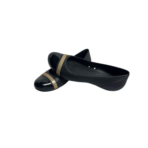 Crocs Womens Black Ballet Flats Gold Stripe Slip-On Shoes Size 9 Cap Toe Comfort - Picture 2 of 7